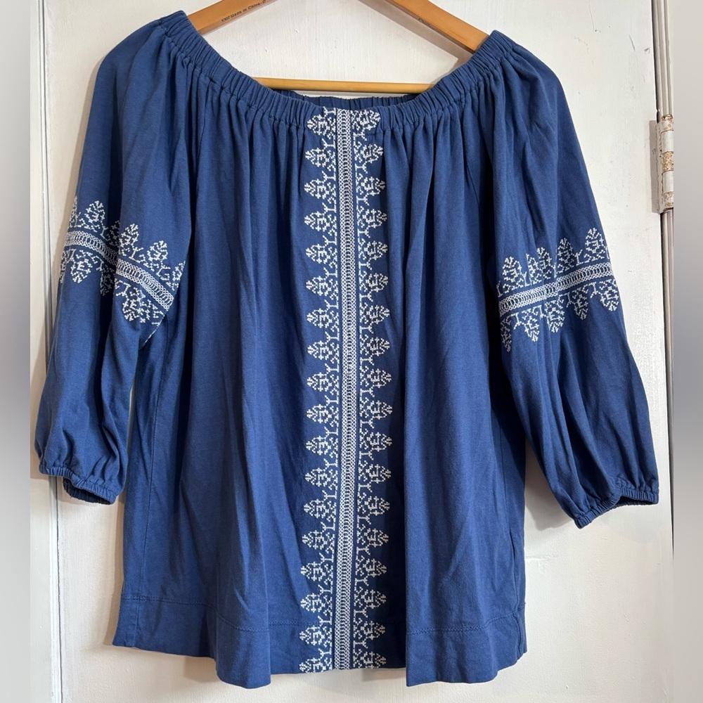 Champs Embroidered Blue Peasant Top
